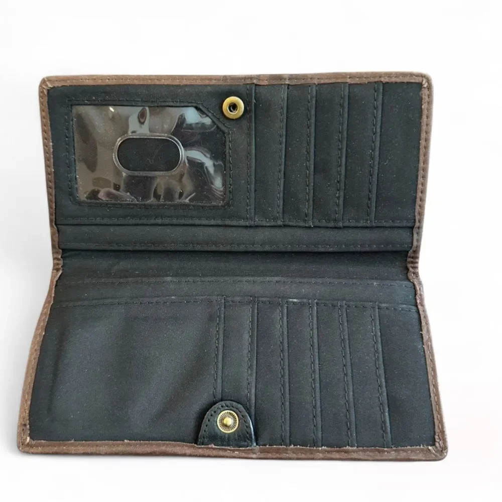 Fossil Studded Embroidered Black & Brown Leather Wallet